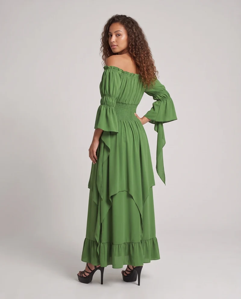 Damen Maxikleid mit schulterfreiem Design und langen, fließenden Ärmeln Drune