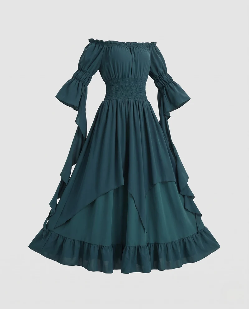 Damen Maxikleid mit schulterfreiem Design und langen, fließenden Ärmeln Drune