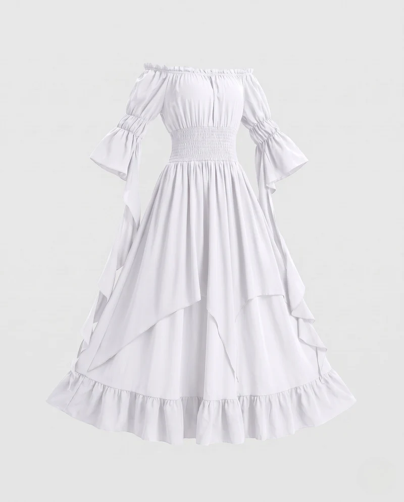 Damen Maxikleid mit schulterfreiem Design und langen, fließenden Ärmeln Drune