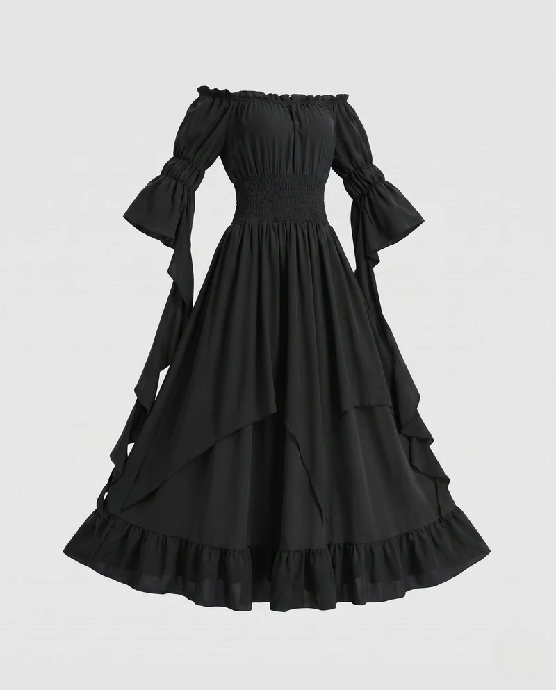 Damen Maxikleid mit schulterfreiem Design und langen, fließenden Ärmeln Drune