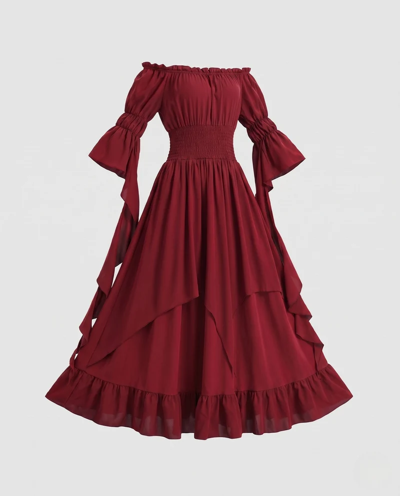 Damen Maxikleid mit schulterfreiem Design und langen, fließenden Ärmeln Drune