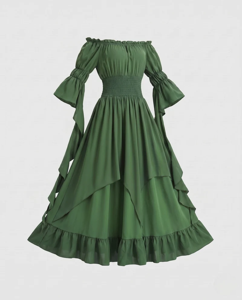 Damen Maxikleid mit schulterfreiem Design und langen, fließenden Ärmeln Drune