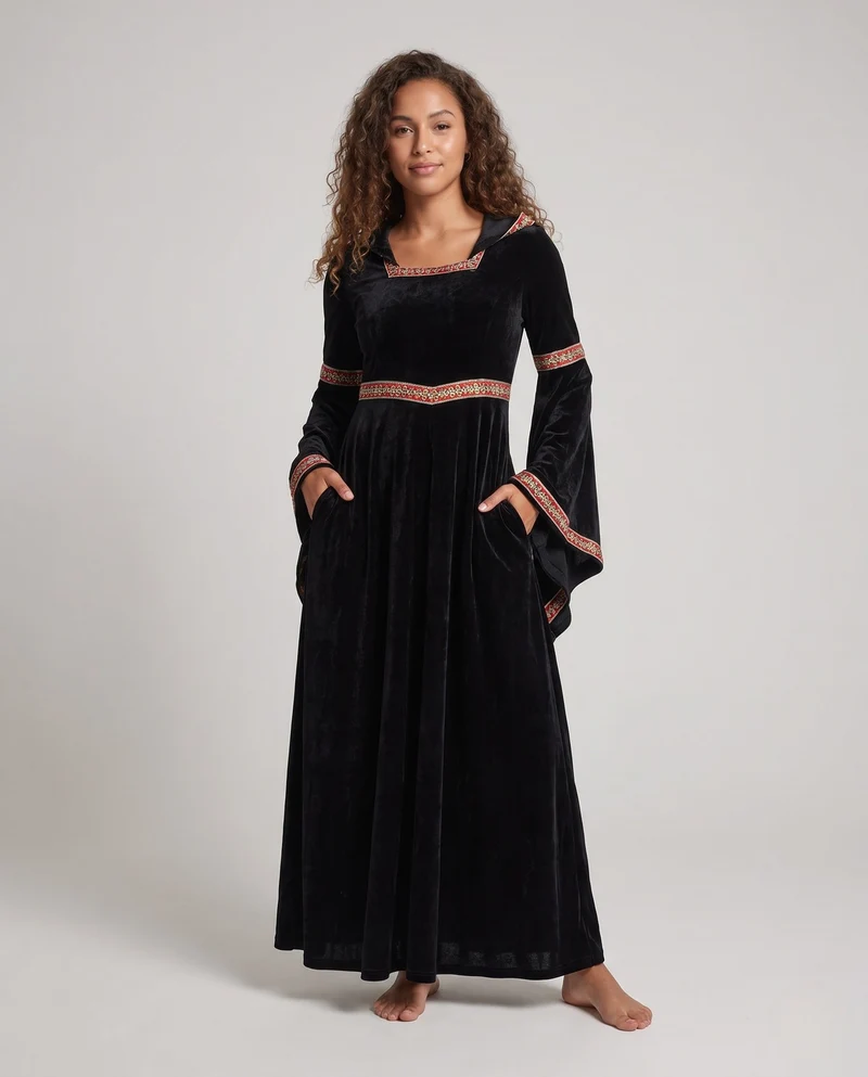 Damen Mittelalterliches Kostümkleid mit Kapuze und langen Ärmeln Drune