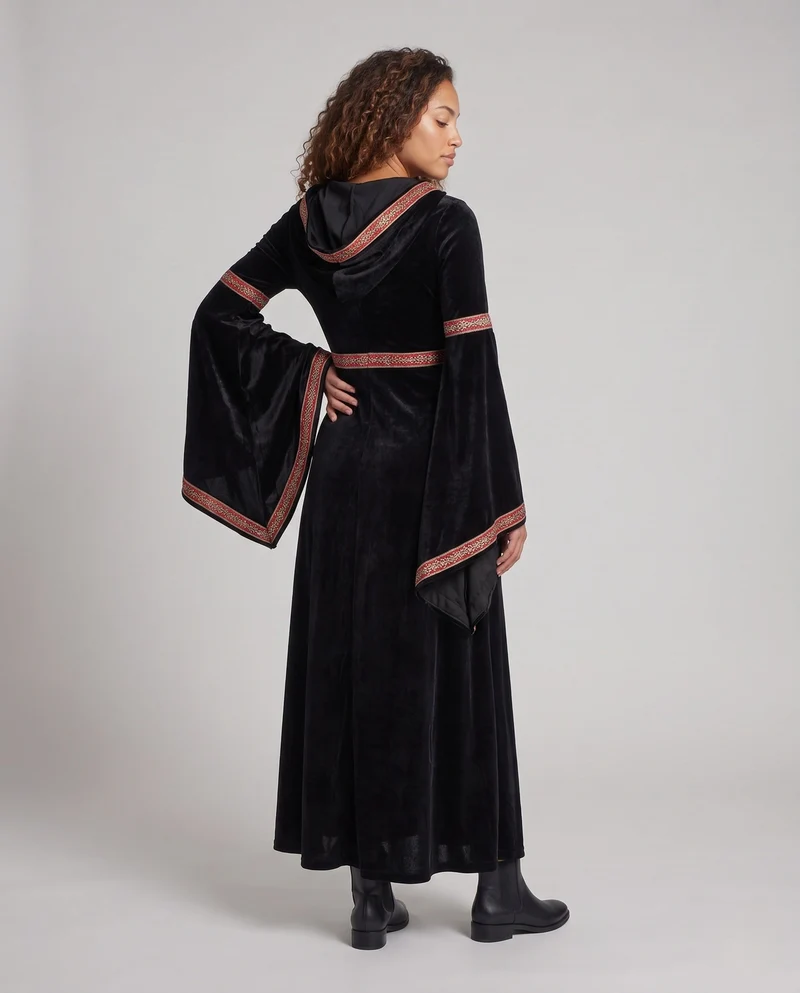Damen Mittelalterliches Kostümkleid mit Kapuze und langen Ärmeln Drune