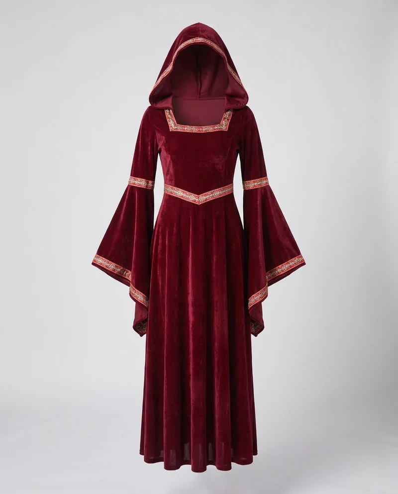 Damen Mittelalterliches Kostümkleid mit Kapuze und langen Ärmeln Drune