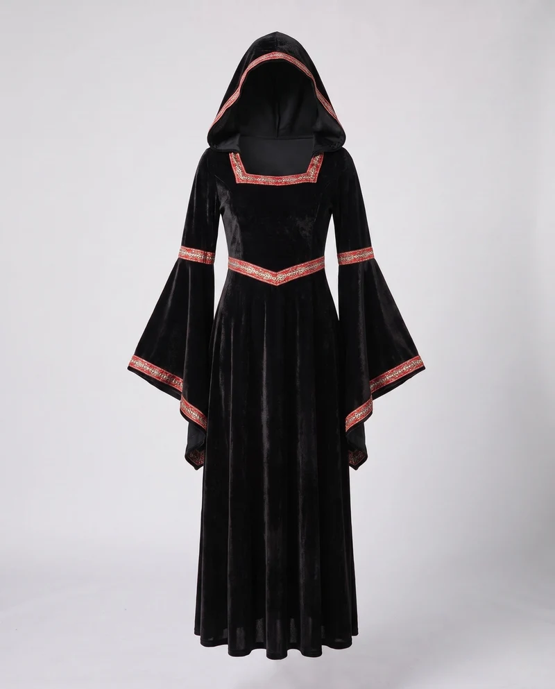 Damen Mittelalterliches Kostümkleid mit Kapuze und langen Ärmeln Drune