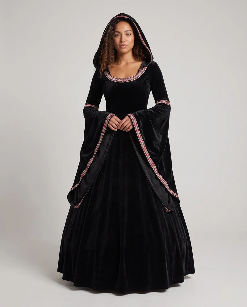Damen Mystisches Hexenkleid mit Kapuze und weit ausgestellten Ärmeln Drune