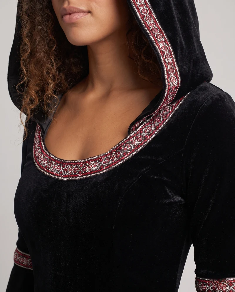 Damen Mystisches Hexenkleid mit Kapuze und weit ausgestellten Ärmeln Drune