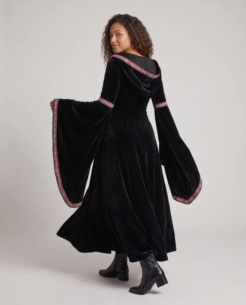 Damen Mystisches Hexenkleid mit Kapuze und weit ausgestellten Ärmeln Drune