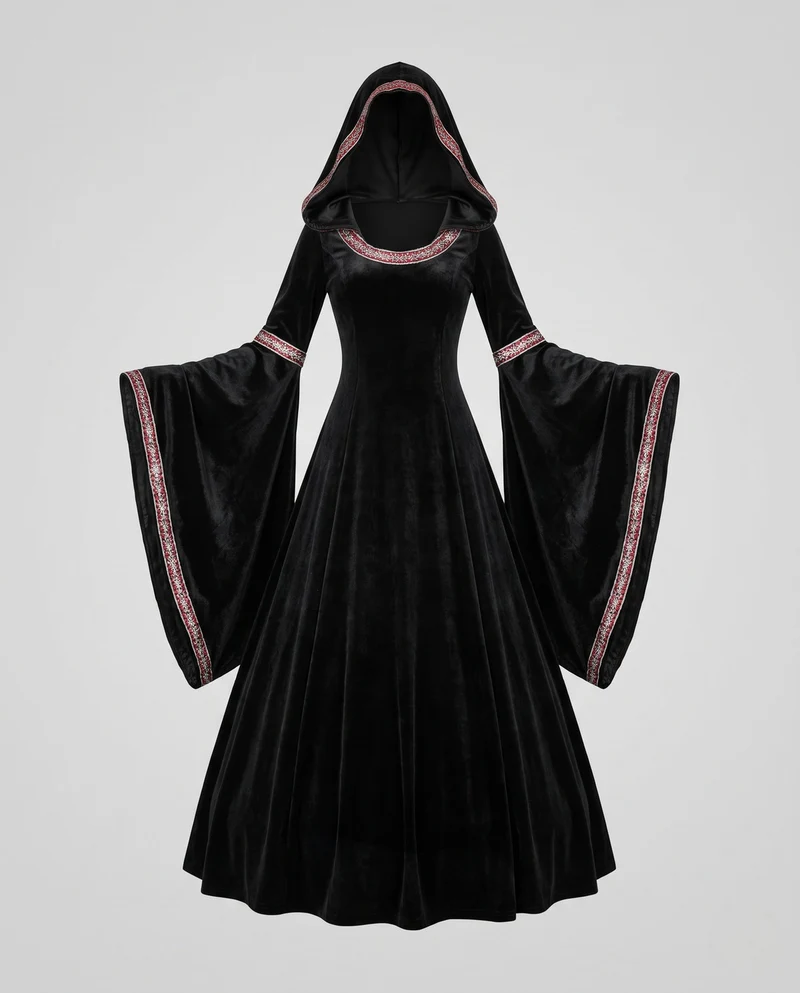 Damen Mystisches Hexenkleid mit Kapuze und weit ausgestellten Ärmeln Drune