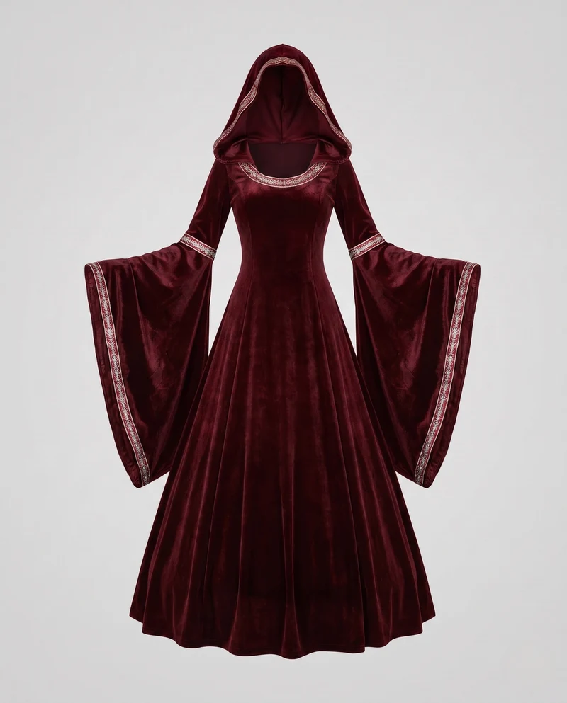 Damen Mystisches Hexenkleid mit Kapuze und weit ausgestellten Ärmeln Drune