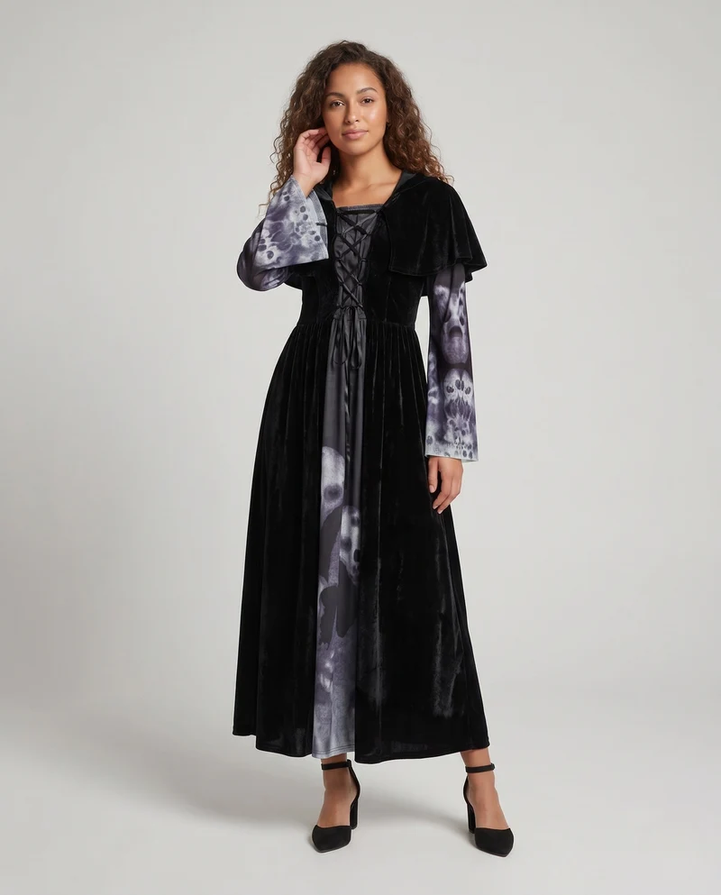 Damen Mystisches Kostümkleid mit Kapuze und weitem Hosenansatz Drune