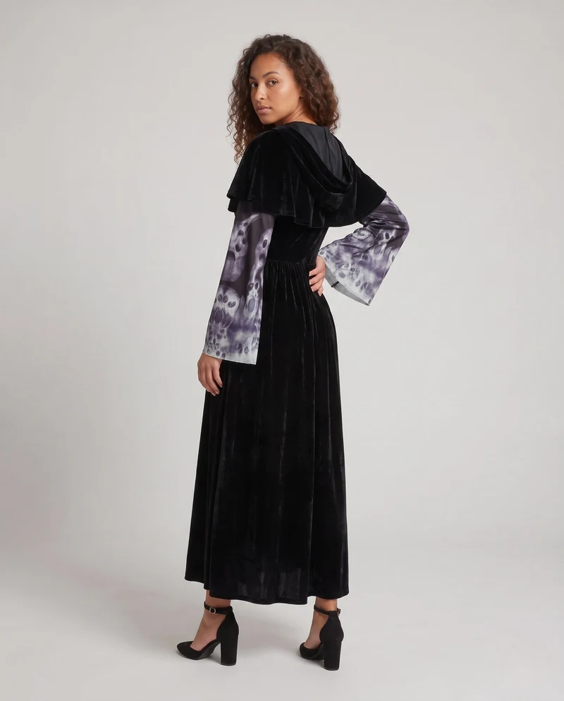 Damen Mystisches Kostümkleid mit Kapuze und weitem Hosenansatz Drune