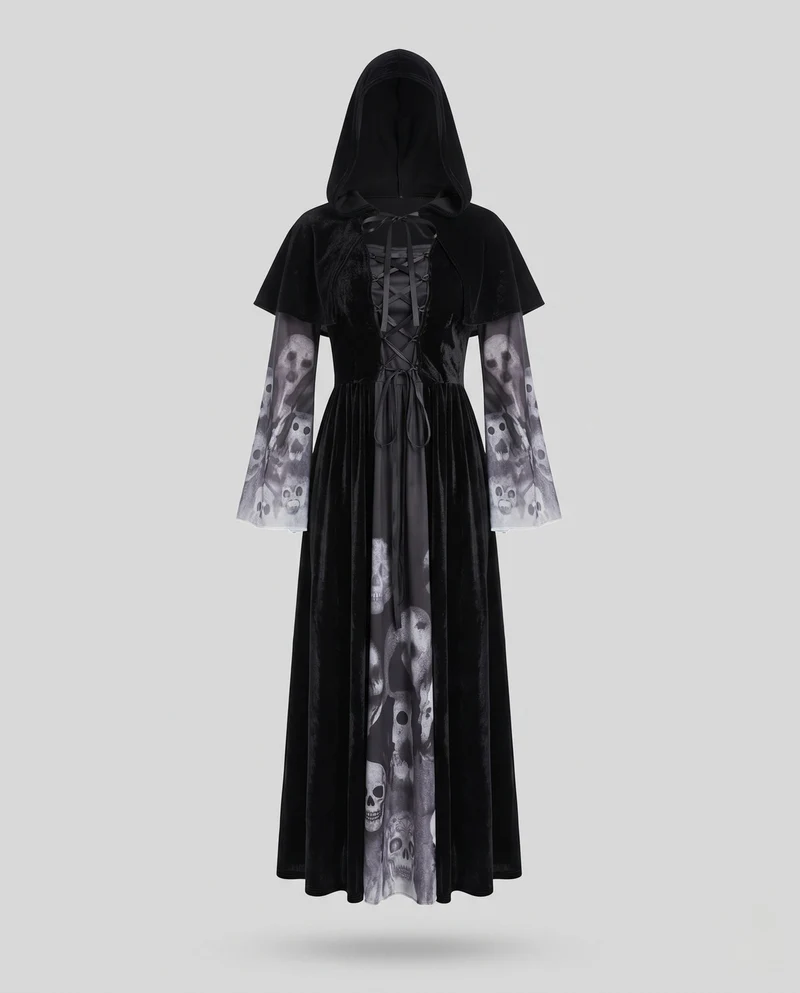 Damen Mystisches Kostümkleid mit Kapuze und weitem Hosenansatz Drune