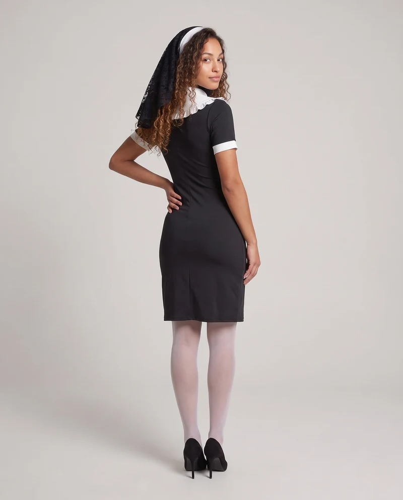 Damen Nonnenkostüm mit elegantem Spitzenkragen und Rüschendetails Drune