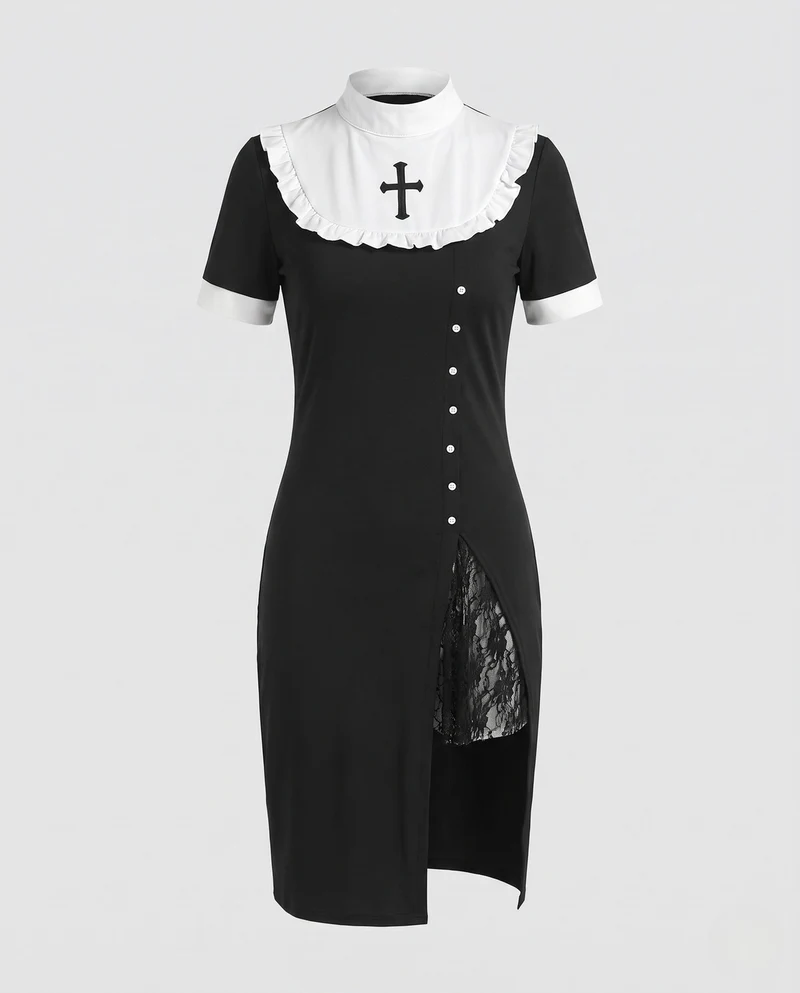 Damen Nonnenkostüm mit elegantem Spitzenkragen und Rüschendetails Drune