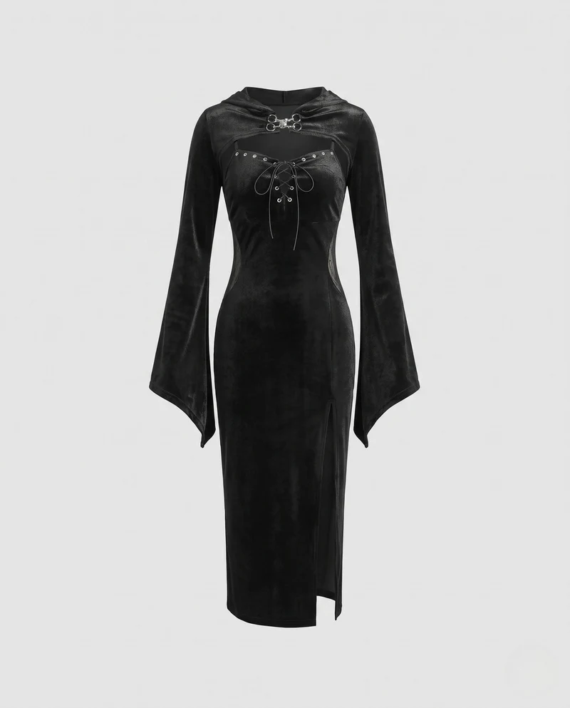 Damen Schickes Midikleid mit Kapuze und weiten Ärmeln Drune