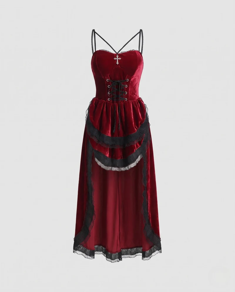 Damen Sexy Gothic Kostümkleid mit Schnürung und Rüschendetails Drune