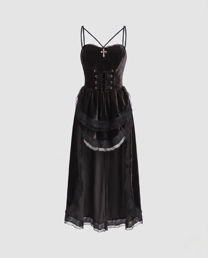 Damen Sexy Gothic Kostümkleid mit Schnürung und Rüschendetails Drune