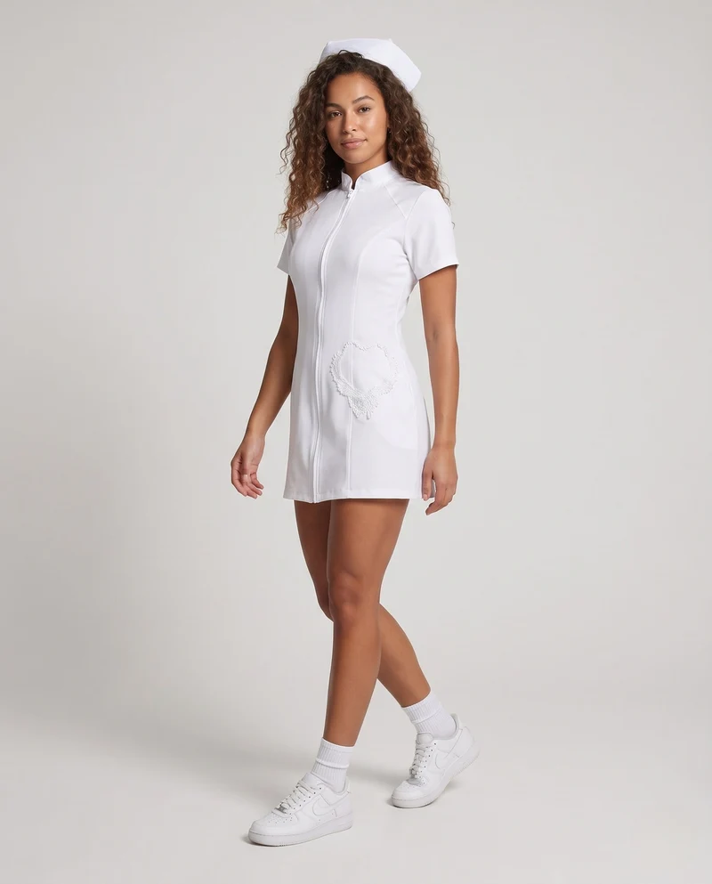 Damen sexy Krankenschwester Kostüm mit Zipper und Strumpfhalter Drune