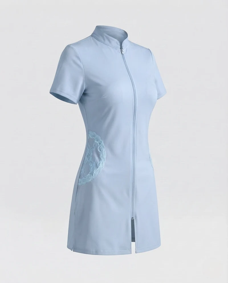 Damen sexy Krankenschwester Kostüm mit Zipper und Strumpfhalter Drune