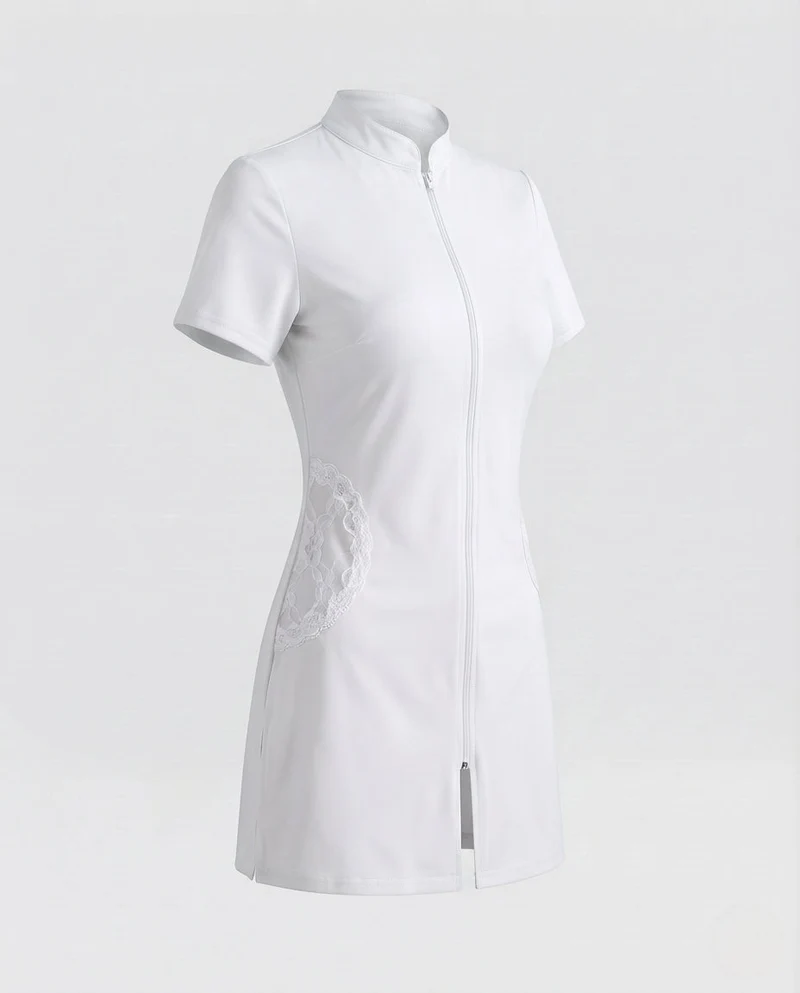 Damen sexy Krankenschwester Kostüm mit Zipper und Strumpfhalter Drune