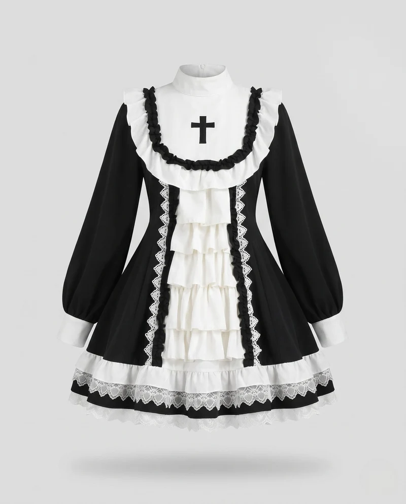 Damen Spitzen-Kleid mit Rüschen und Kreuzdetails Drune