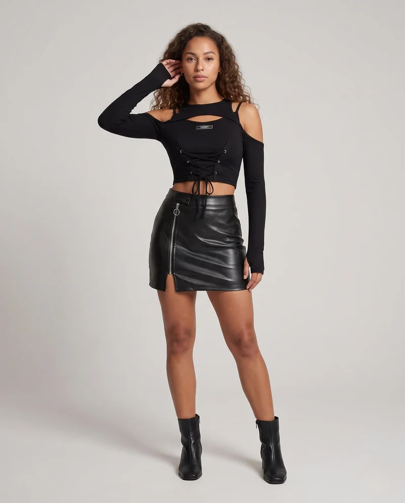 Damen stylishes Langarm-Top mit Cut-Outs und Schnürung Drune