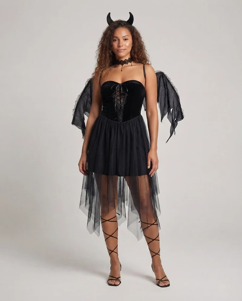 Damen verführerisches Gothic Kleid mit transparenten Tüll-Röcken Drune