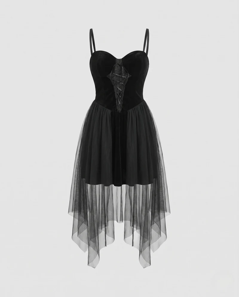 Damen verführerisches Gothic Kleid mit transparenten Tüll-Röcken Drune