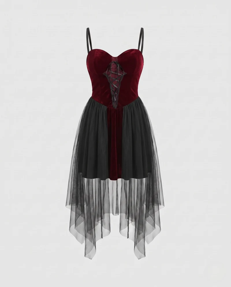 Damen verführerisches Gothic Kleid mit transparenten Tüll-Röcken Drune