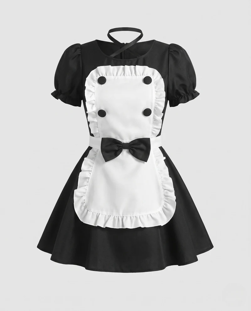 Damen Verspieltes Dienstmädchen-Kleid mit Rüschen und Satin-Schürze Drune