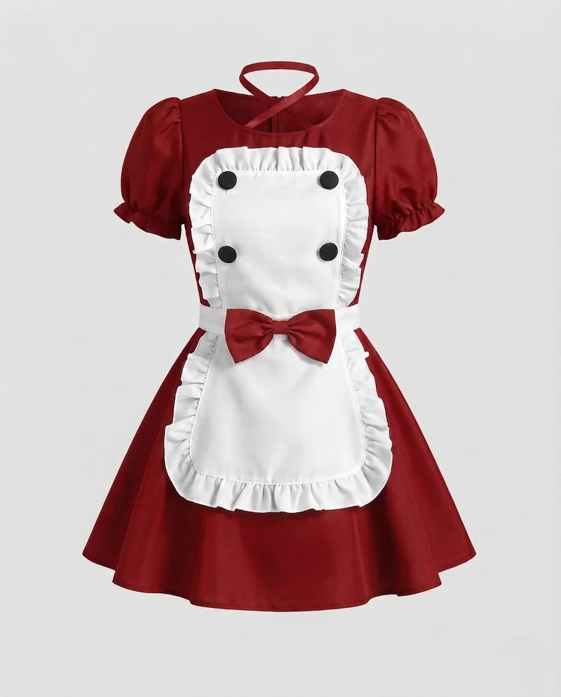 Damen Verspieltes Dienstmädchen-Kleid mit Rüschen und Satin-Schürze Drune