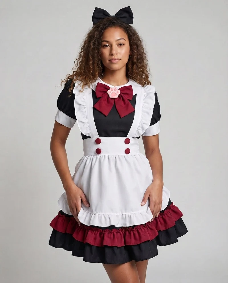 Damen verspieltes Dienstmädchen-Kleid mit Rüschendetails und schickem Schleifenakzent Drune