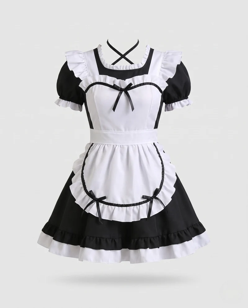 Damen verspieltes Dienstmädchen-Kleid mit Rüschendetails und Schürze Drune