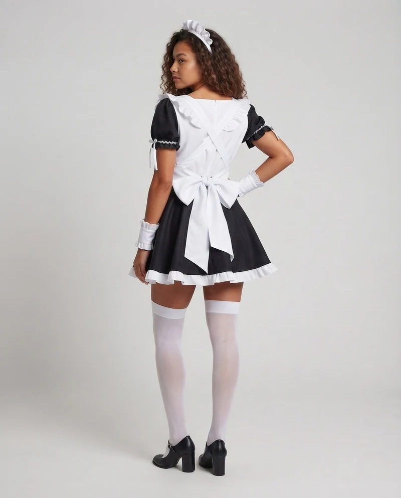 Damen verspieltes Dienstmädchen-Kostüm mit Rüschendetails und Satin-Schleife Drune
