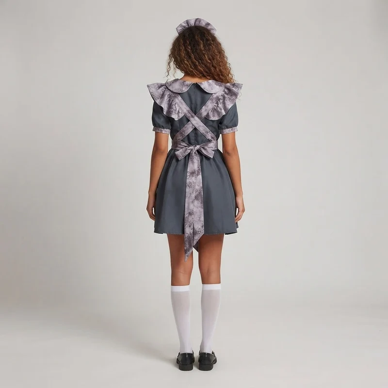 Damen Verspieltes Dienstmädchenkleid mit Haube und Rüschendetails Drune