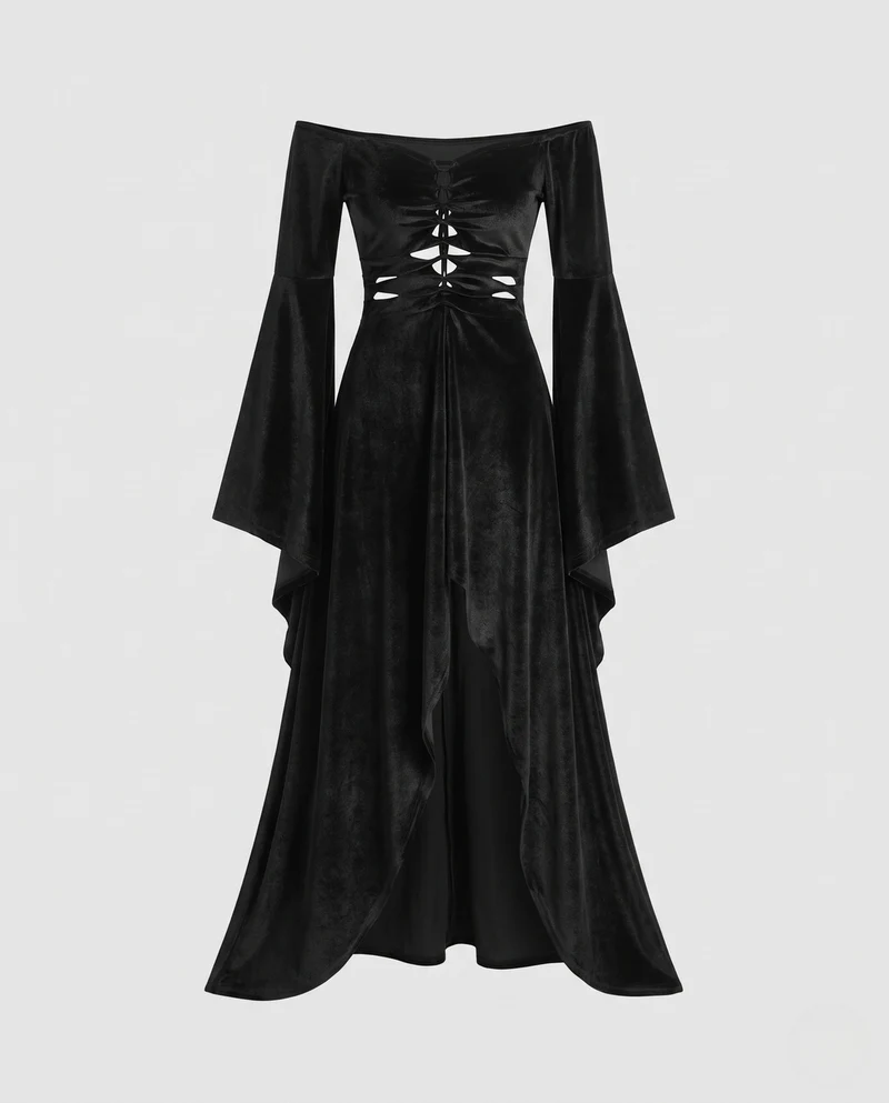 Damen Verspieltes Gothic Kostümkleid mit schulterfreiem Design und Tüllakzenten Drune