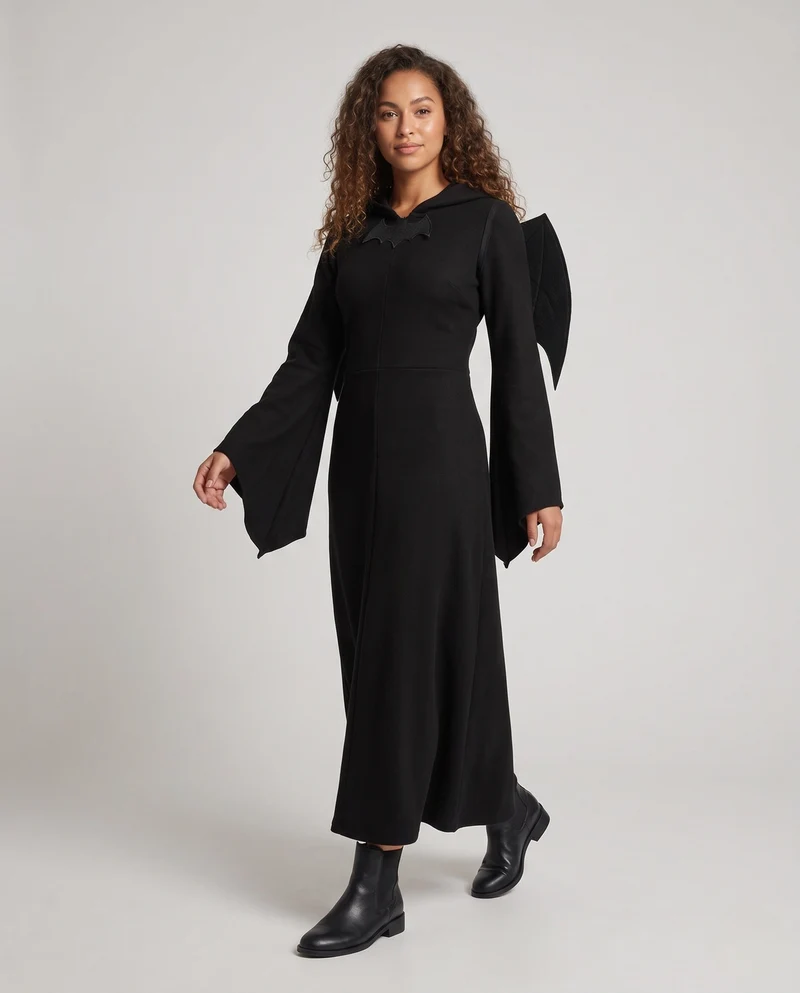 Damen Gruseliges Hexen-Kleid mit Kapuze und schwingenden Ärmeln Drune