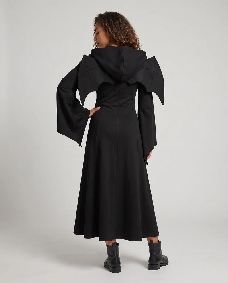 Damen Gruseliges Hexen-Kleid mit Kapuze und schwingenden Ärmeln Drune