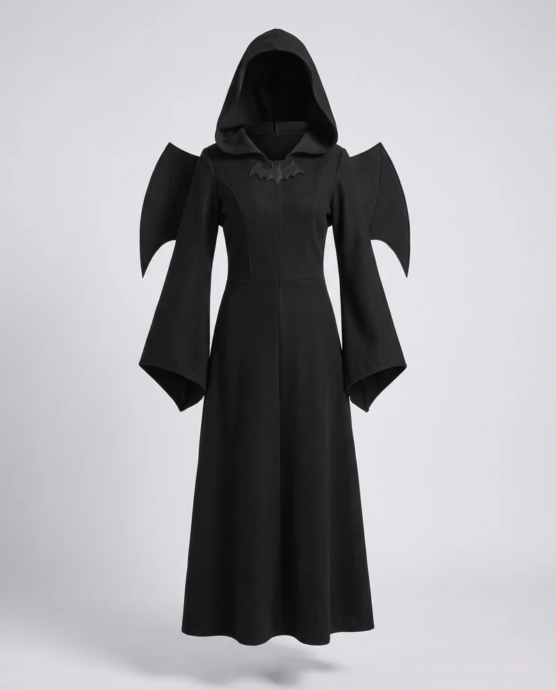 Damen Gruseliges Hexen-Kleid mit Kapuze und schwingenden Ärmeln Drune