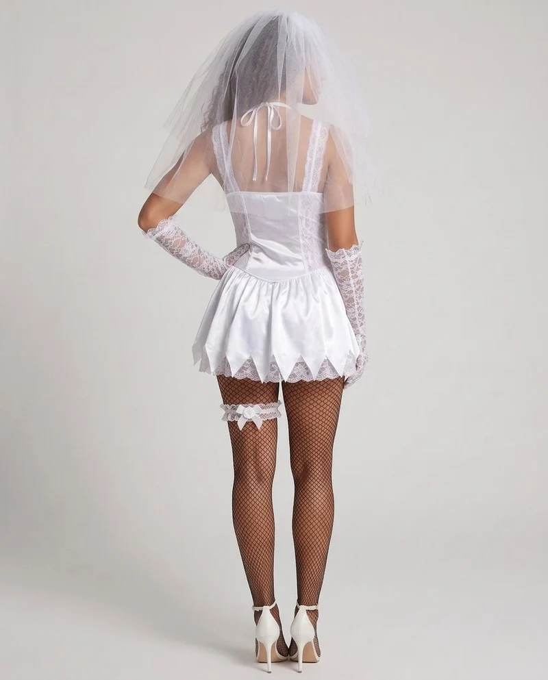 Damen Gruseliges Hochzeitskleid mit Spitzenakzenten und Schleier Drune