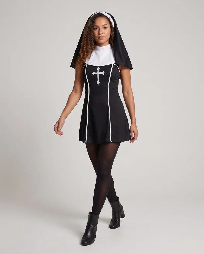 Damen Gruseliges Nonnenkostüm mit detailverliebtem Kreuz und elegantem Hut Drune