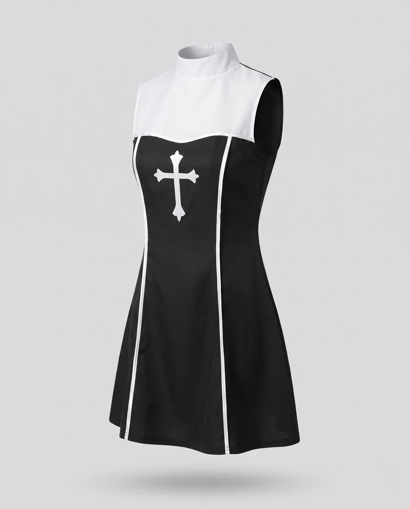 Damen Gruseliges Nonnenkostüm mit detailverliebtem Kreuz und elegantem Hut Drune
