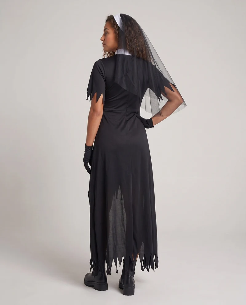 Damen Halloween Nonnenkostüm mit schaurigen Details und langem Umhang Drune