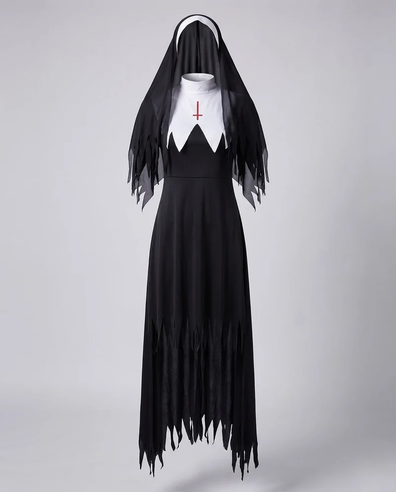 Damen Halloween Nonnenkostüm mit schaurigen Details und langem Umhang Drune