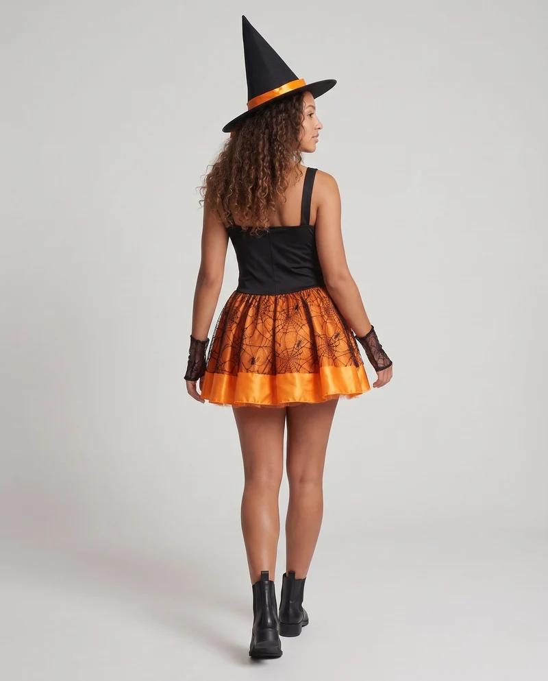 Damen Hexen Kostüm mit schwingendem Rock und elegantem Hut Drune