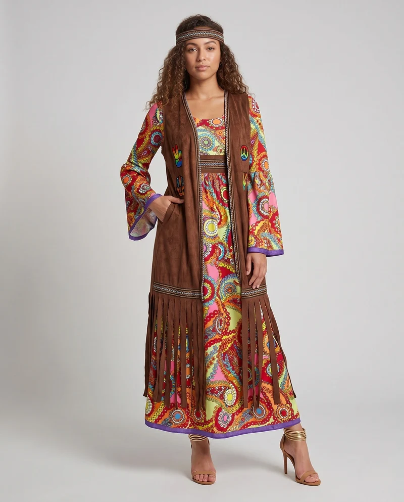 Damen Hippie Kleid mit bunten Mustern und Fransen Drune