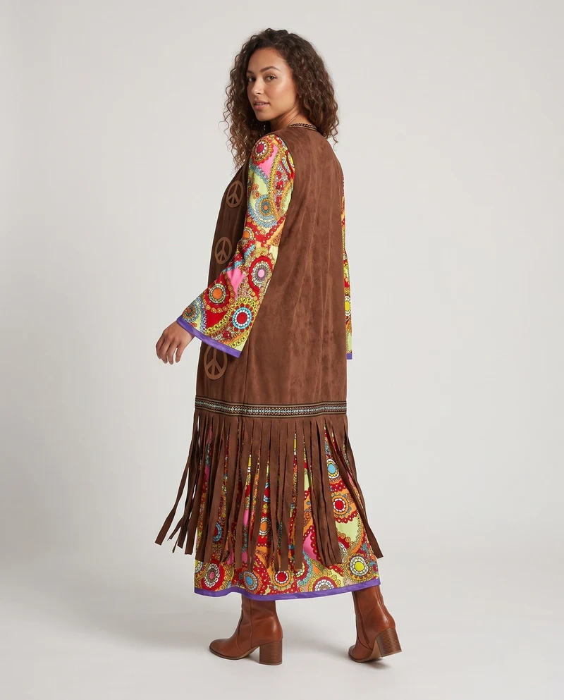 Damen Hippie Kleid mit bunten Mustern und Fransen Drune