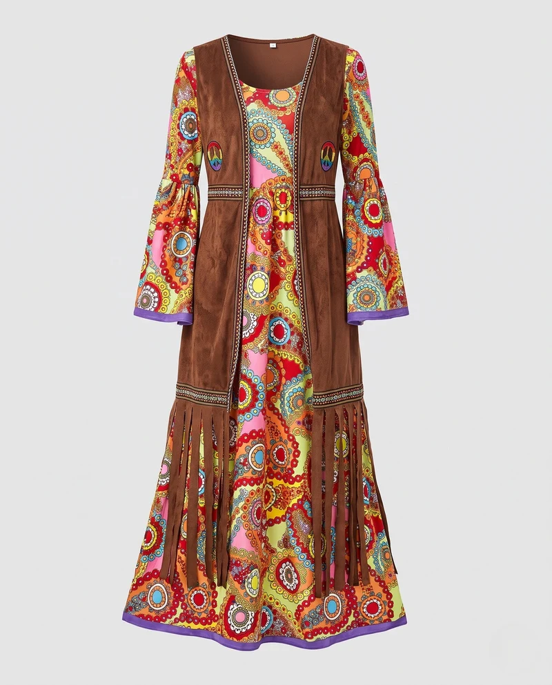Damen Hippie Kleid mit bunten Mustern und Fransen Drune